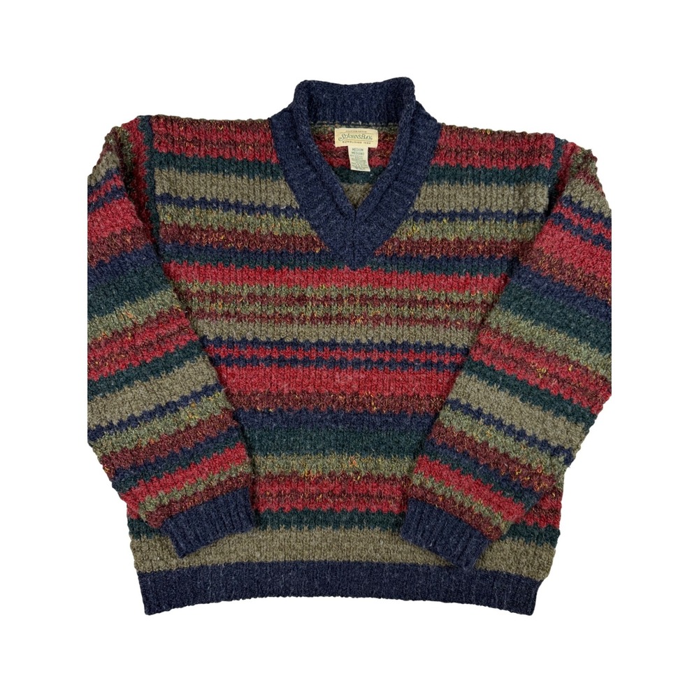 Vtg St Johns Bay Women's Med Striped Chunky Knit‎ V-Neck Sweater Multicolor 90's